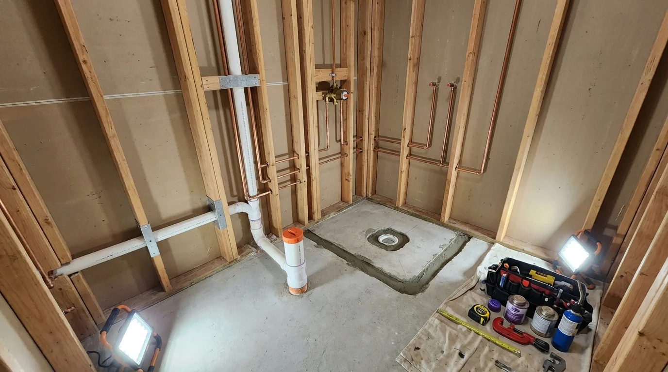 Bathroom rough-in plumbing during remodel by Johns Plumbing LLC in Hendersonville