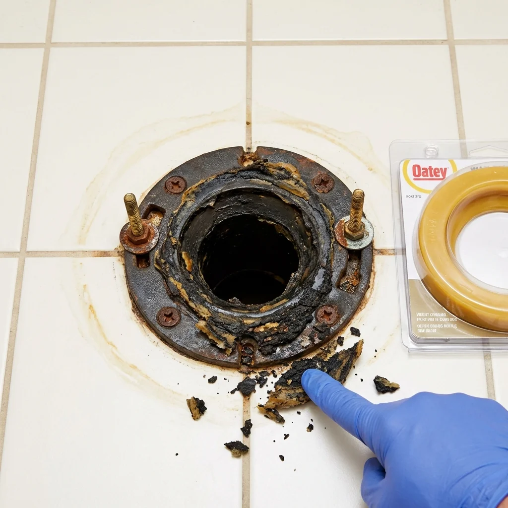 Failed wax ring showing water seepage at the base of a toilet in a Hendersonville, NC home