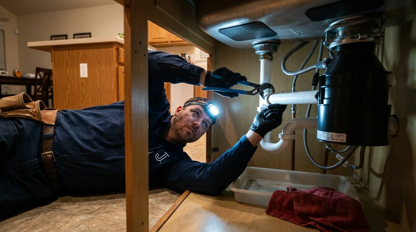 P-trap and supply line connections under a kitchen sink showing a common leak point in Hendersonville, NC